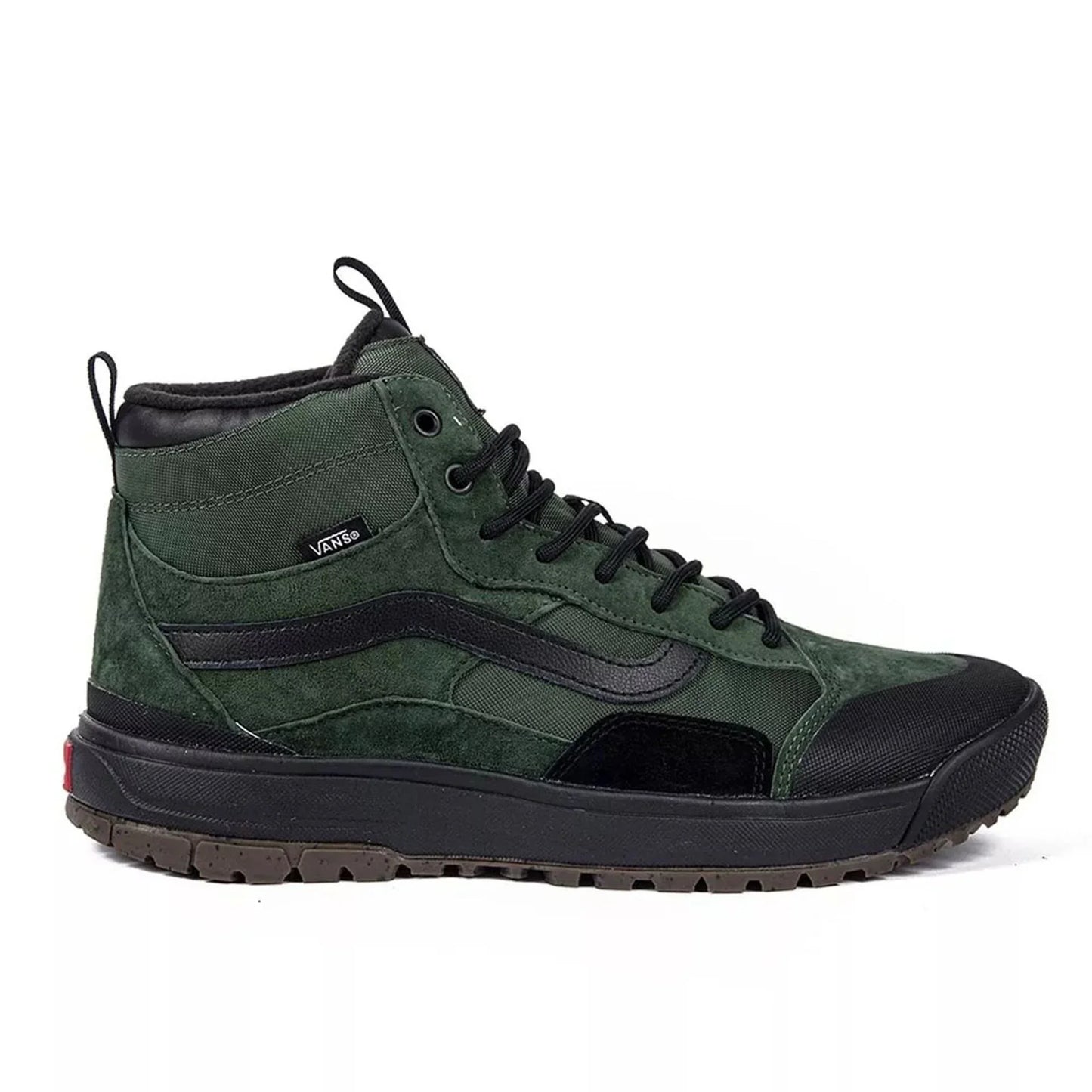 Unisex Vans high-top sneakers in green leather with black rubber sole and round toe design