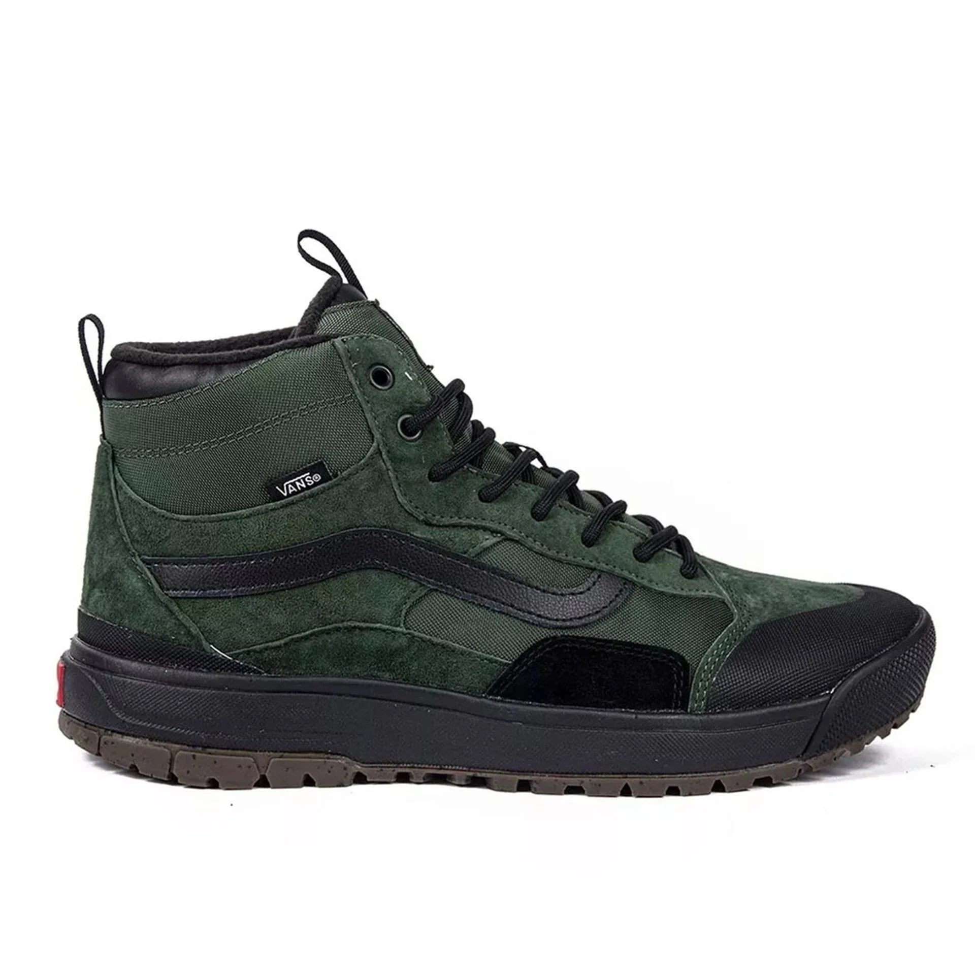 Unisex Vans high-top sneakers in green leather with black rubber sole and round toe design