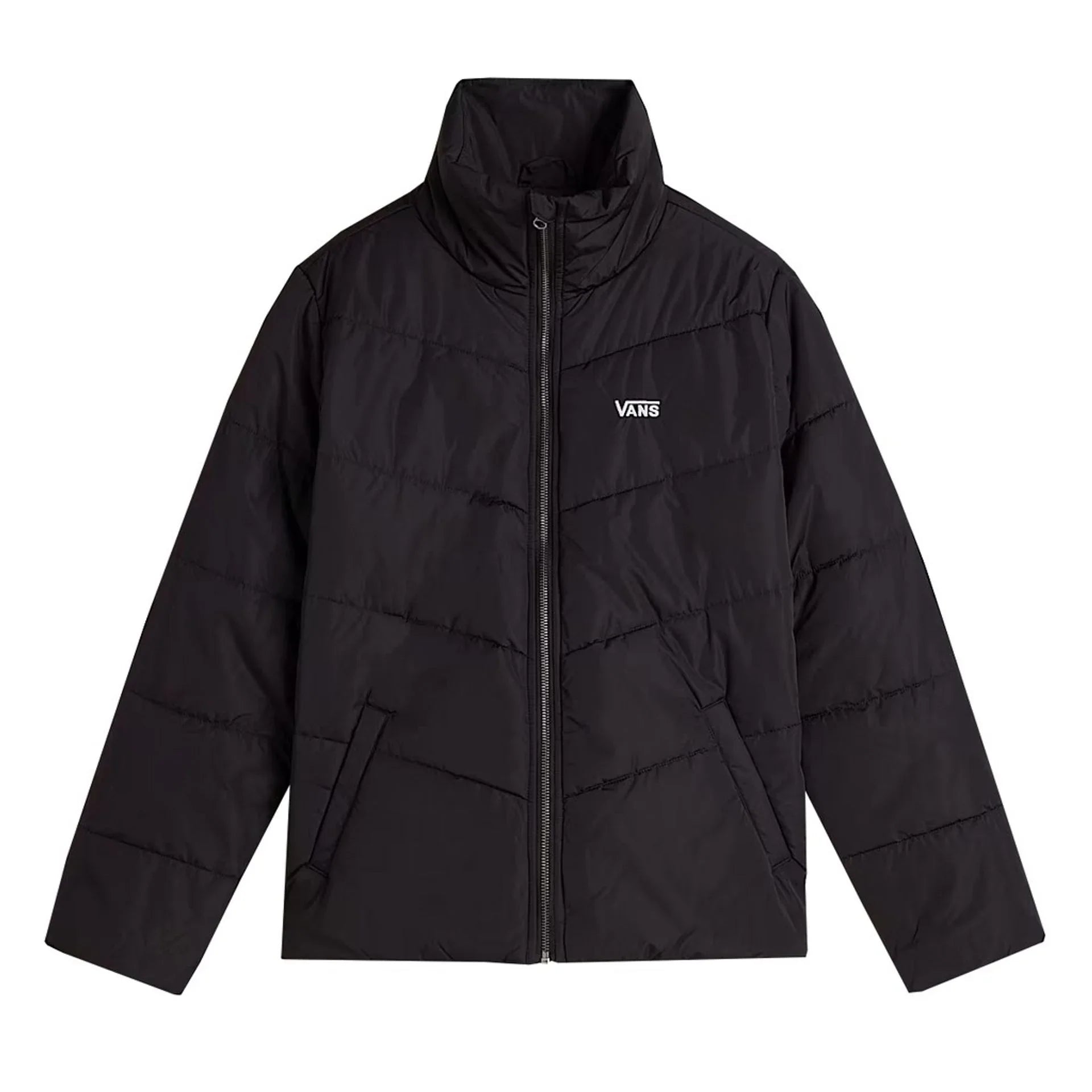 Black Vans women's polyester jacket with long sleeves, front zipper, and visible logo on chest.