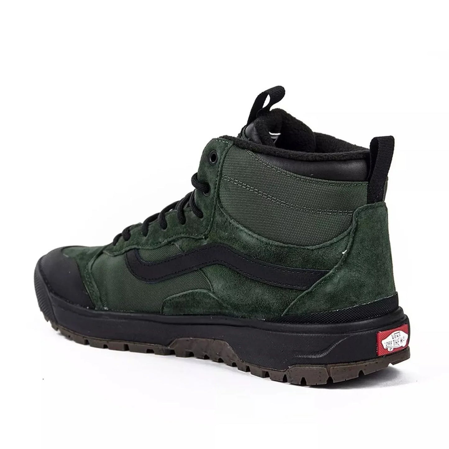 Green and black unisex Vans high-top sneakers with leather upper and rubber sole, round toe and fabric lining.