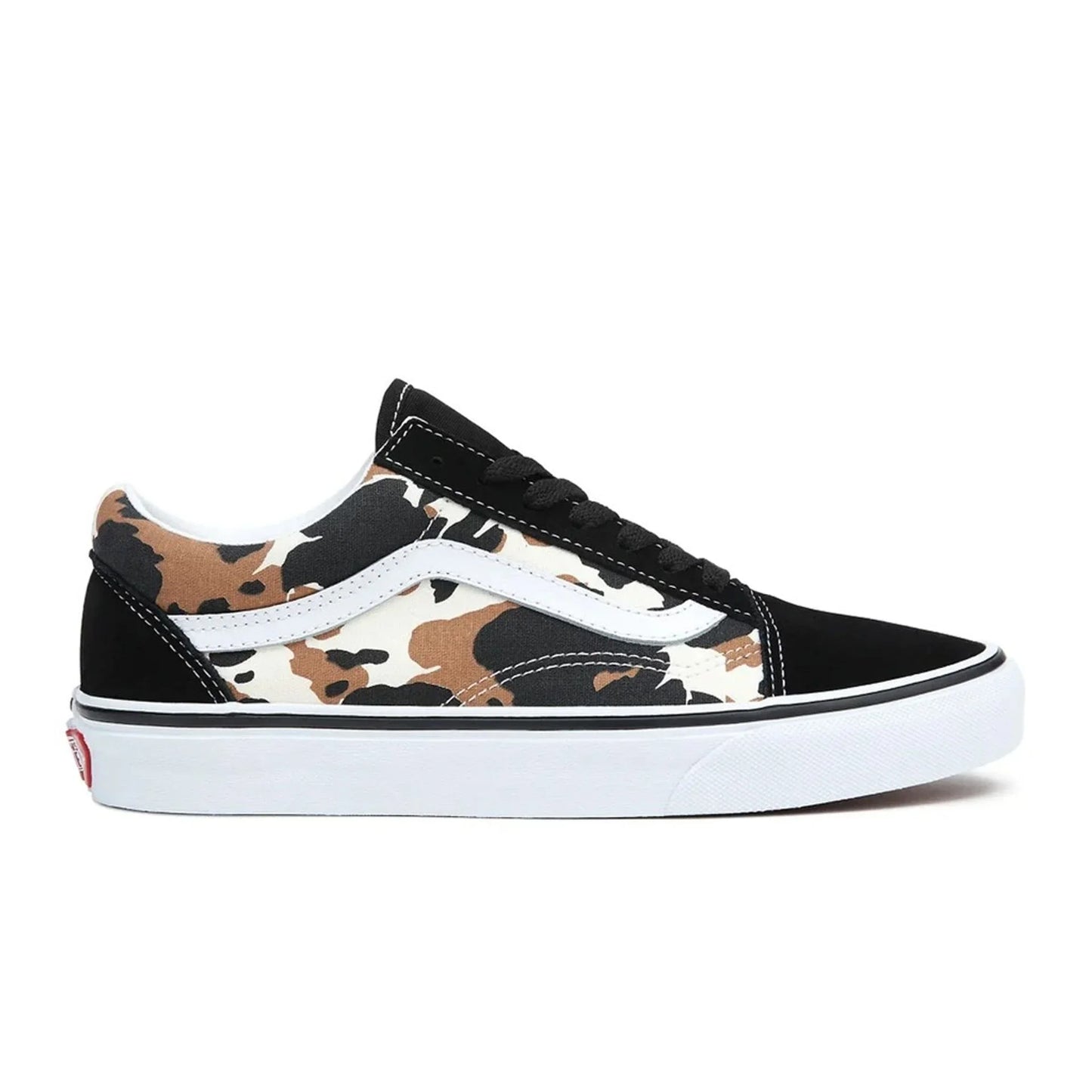 Unisex Vans sneakers with leather upper, rubber sole, round toe, and brown black camouflage pattern details