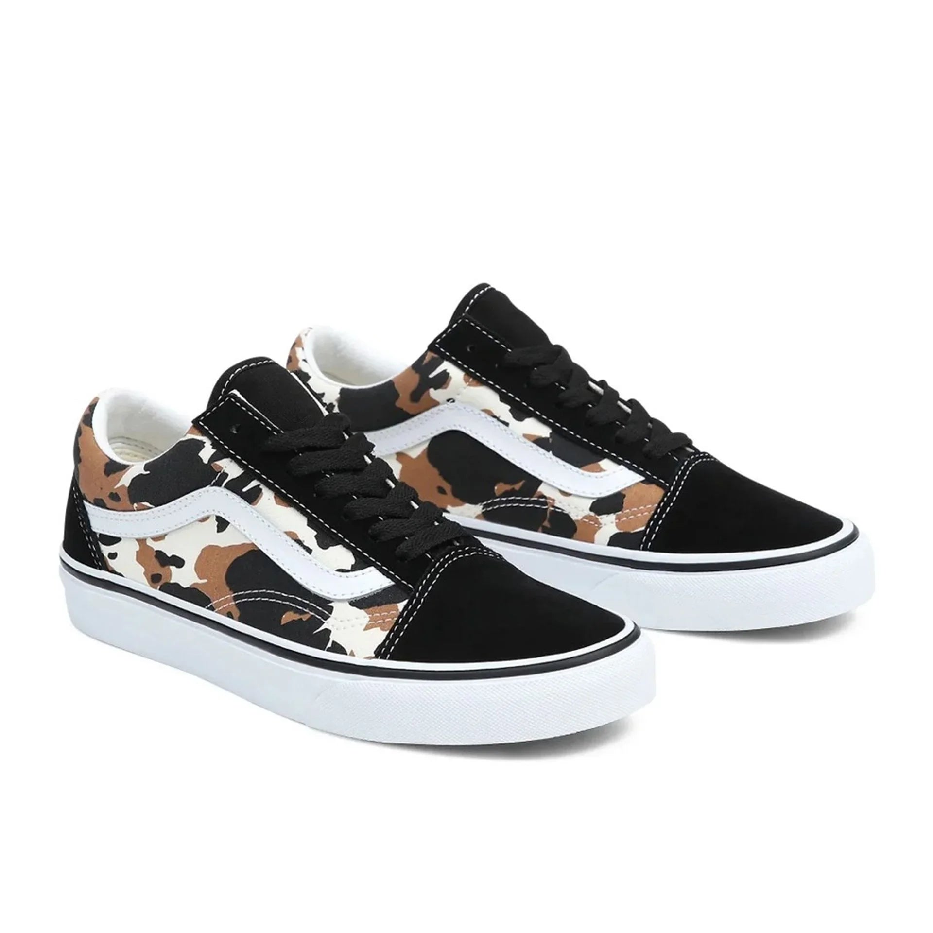 Unisex Vans sneakers with black leather toe, white rubber sole, and brown black camo pattern sides.