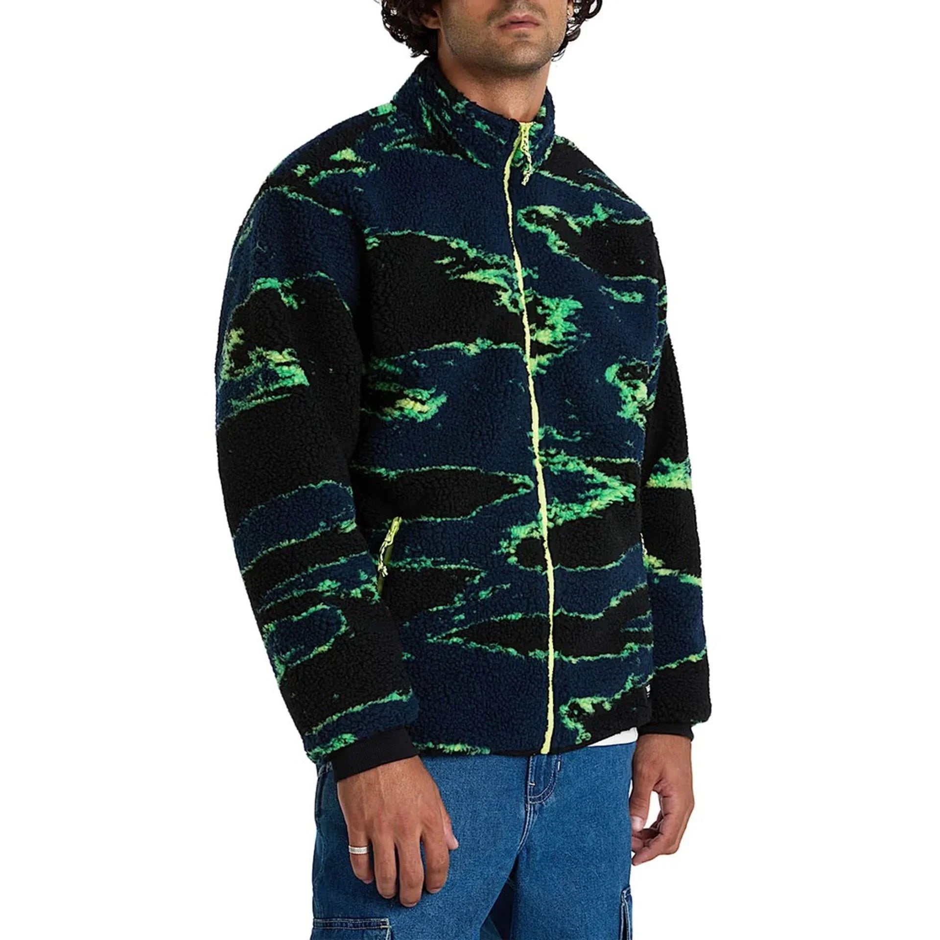 Men's Vans jacket with full zipper, long sleeves, patterned polyester fabric, and visible logo detail.