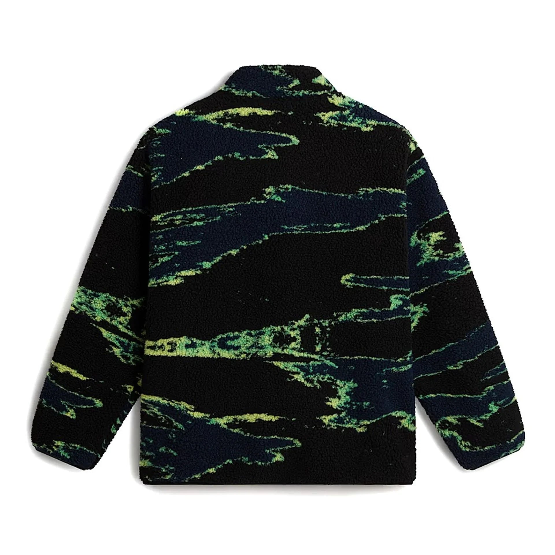 Men’s Vans jacket with long sleeves, zipper closure, and green-black abstract pattern in polyester fabric.