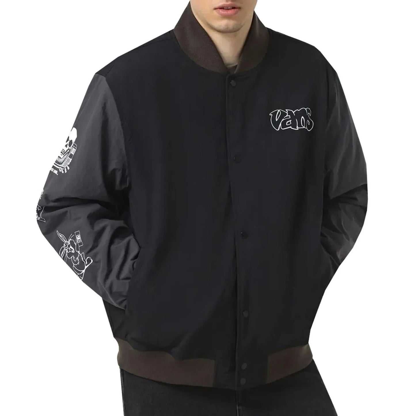 Men's Vans nylon jacket with zipper, long sleeves, logo details, and black contrasting sleeves design