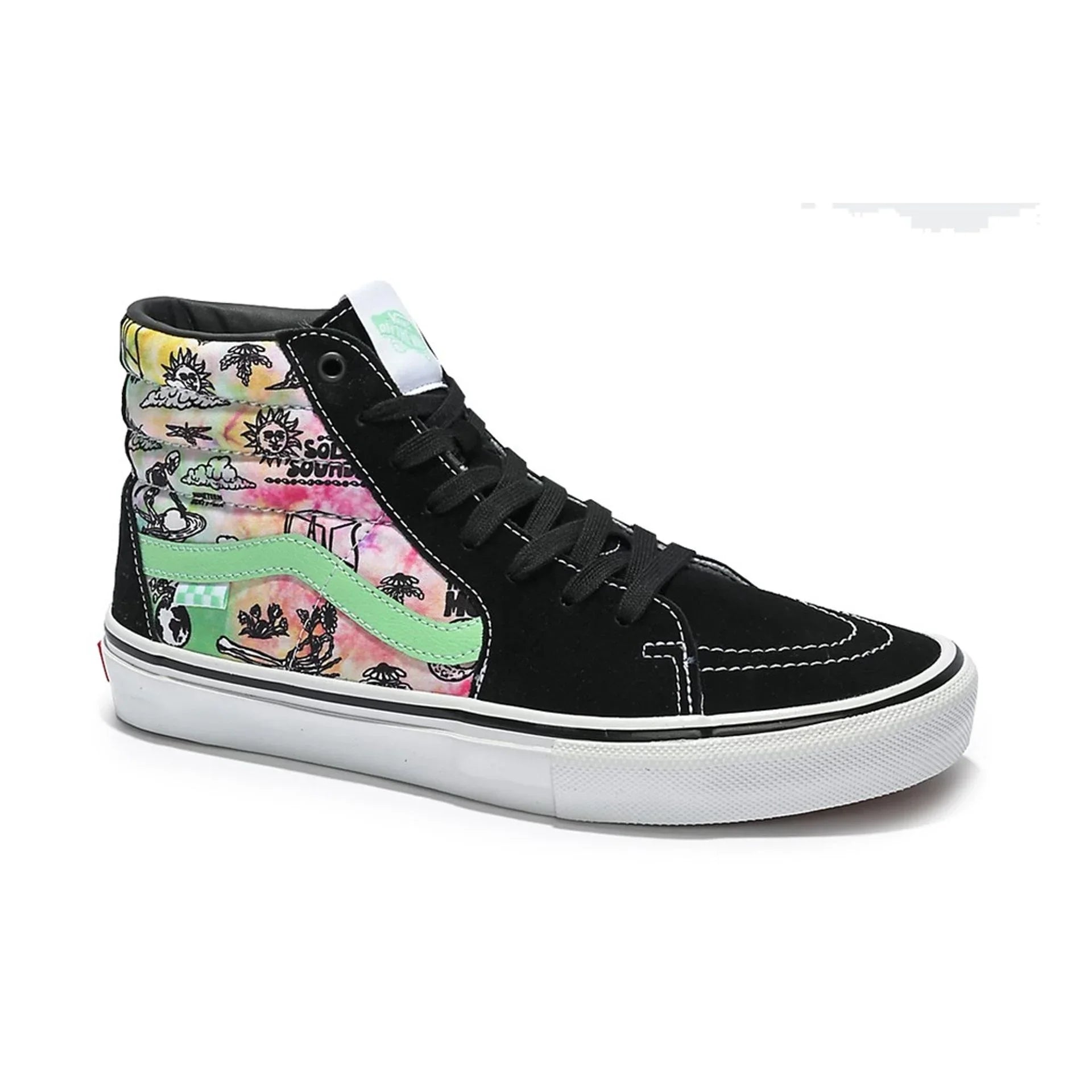 Men's Vans high-top sneakers with black suede, colorful graphic leather upper, round toe, and white rubber sole.