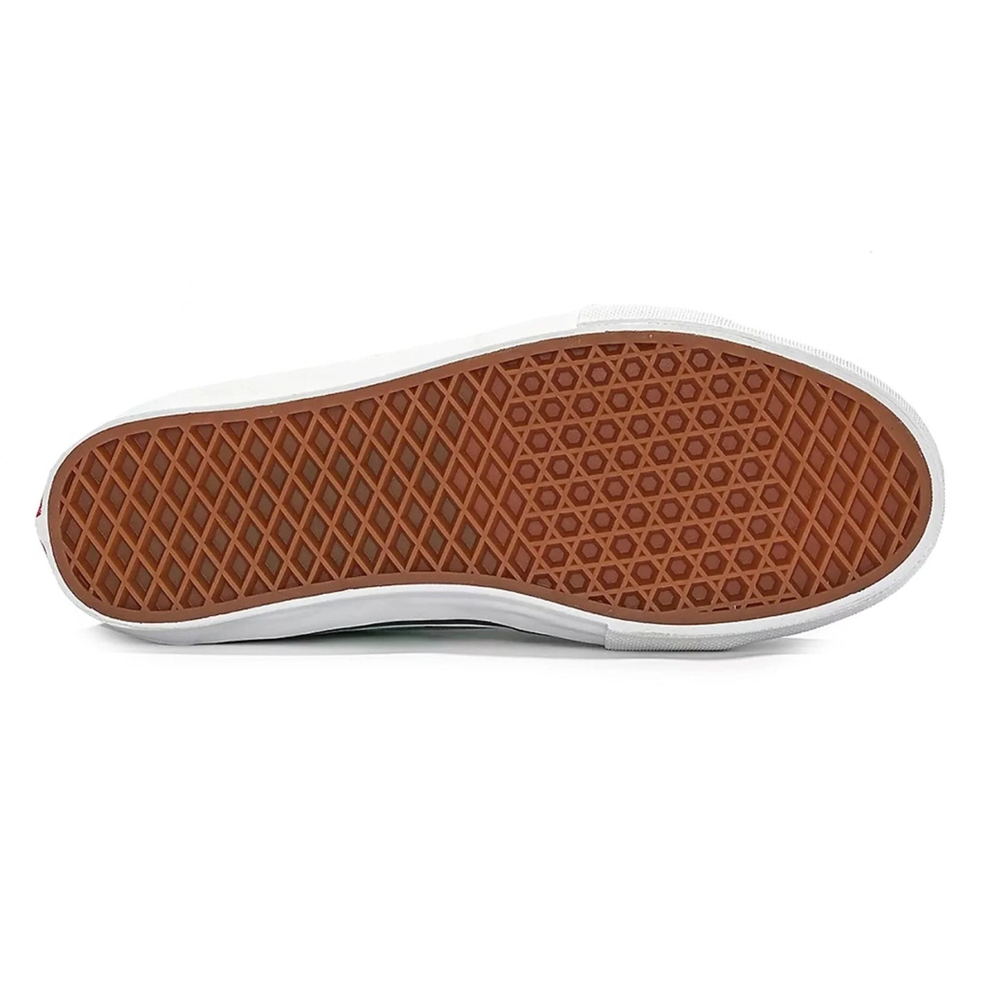 Bottom view of Vans men's sneakers showing brown rubber sole with diamond and waffle pattern design