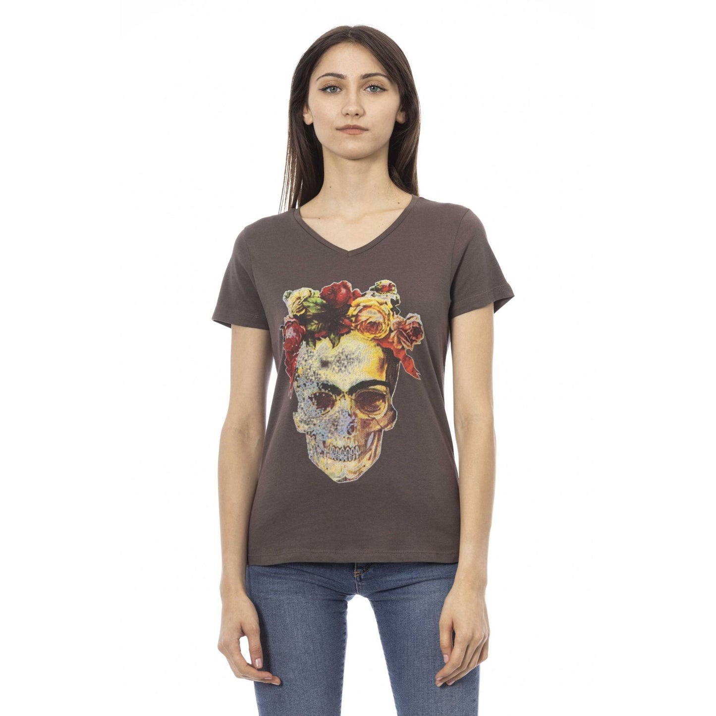 Camiseta Trussardi Action para mujer. Color marrón y cuello en V. Logo central de calavera