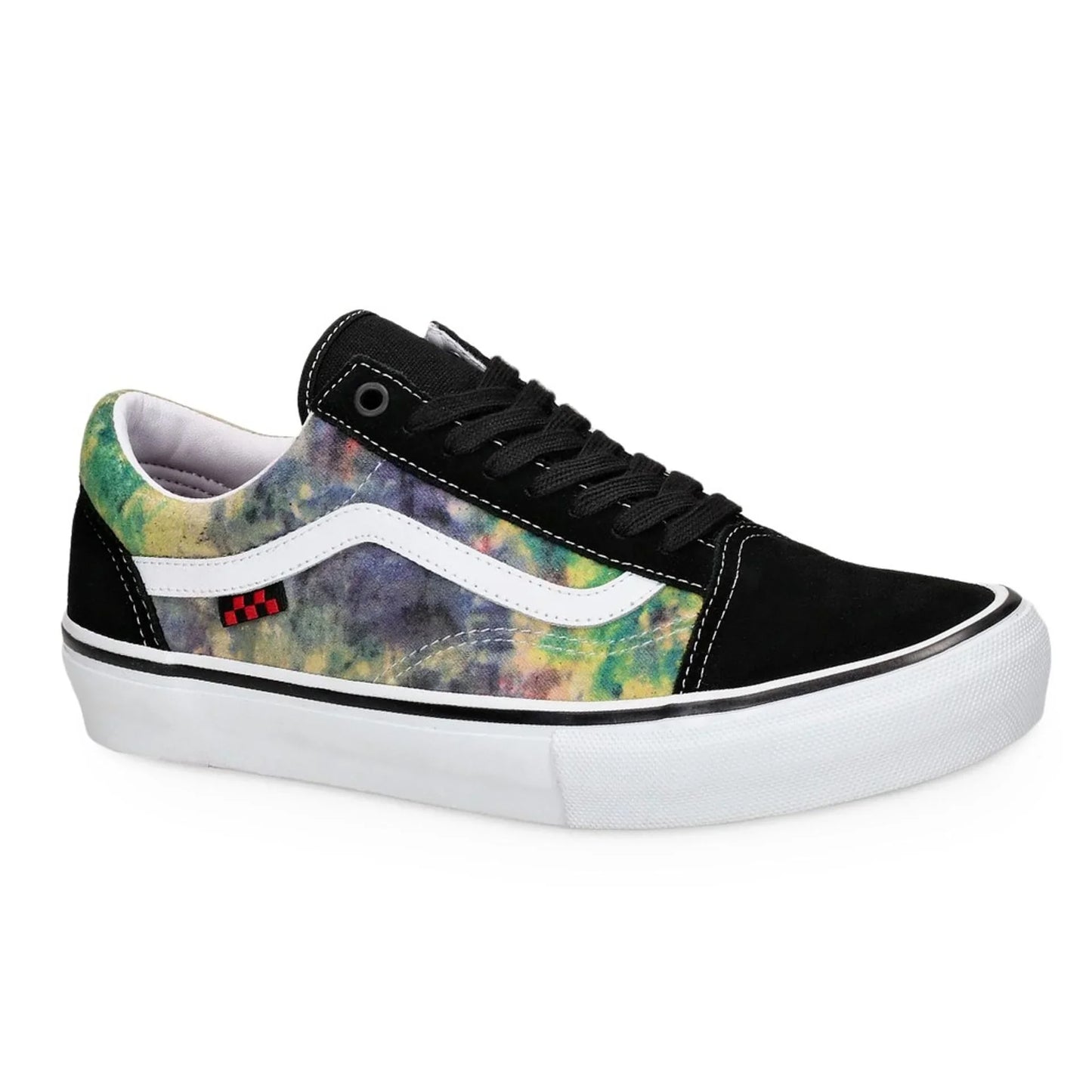 Men's Vans sneakers with rubber leather upper, round toe, multicolor tie-dye pattern, and white rubber sole