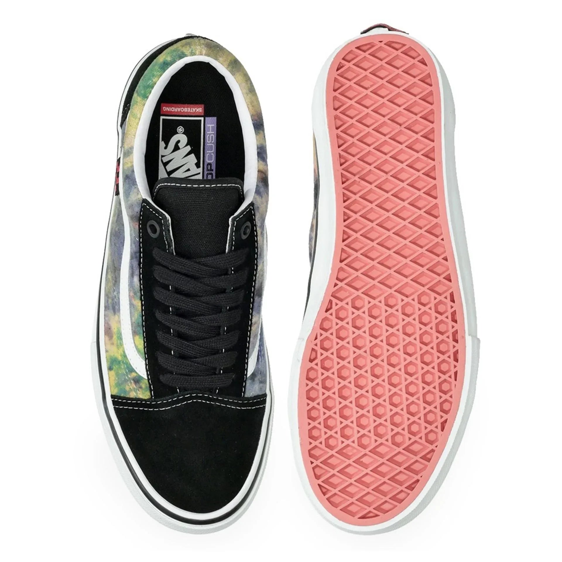 Top and sole view of men's Vans sneakers with black suede toe and multicolor upper, featuring pink rubber sole and round toe design