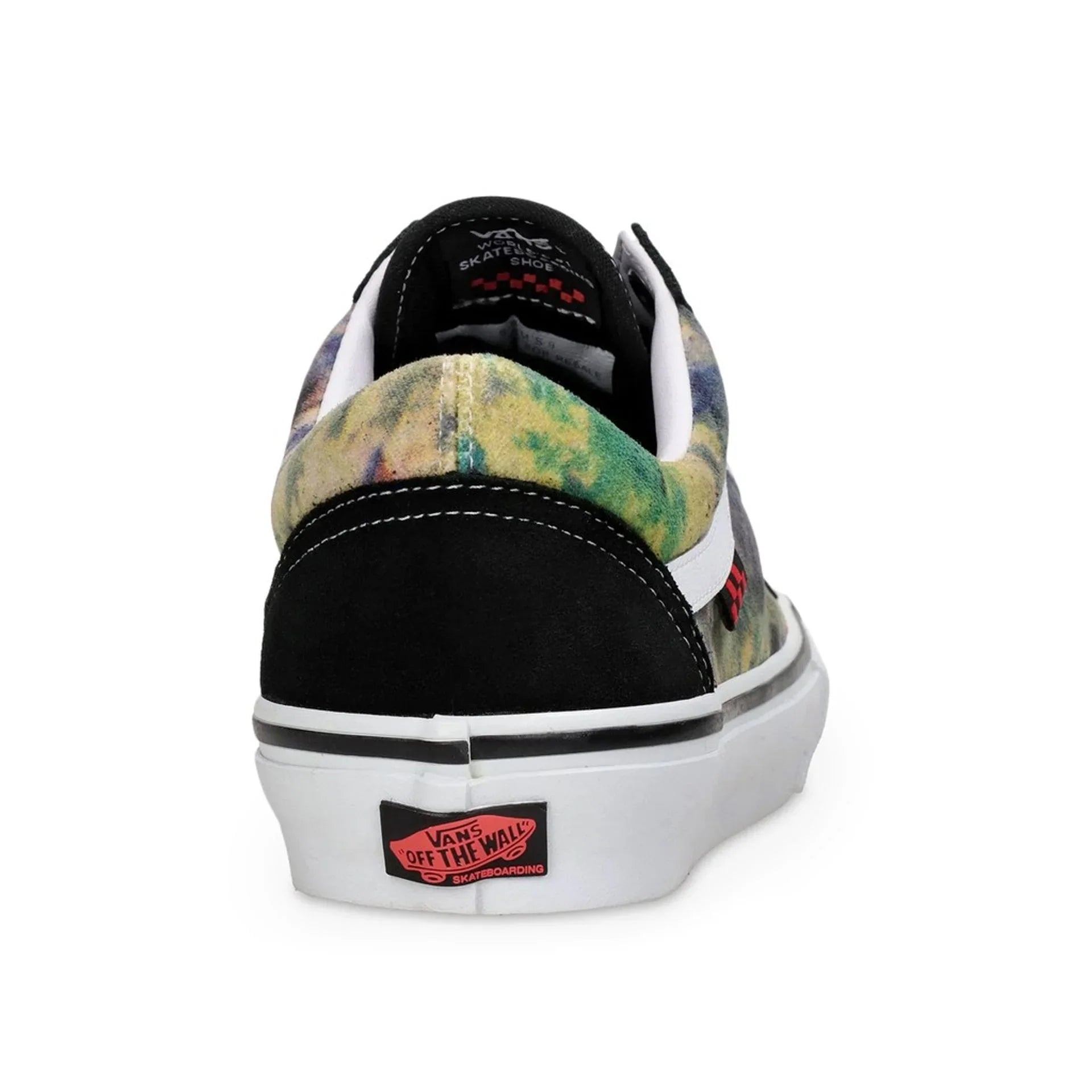 Rear view of men's Vans sneakers with rubber sole and multicolor fabric upper with black heel panel and white stripe detail