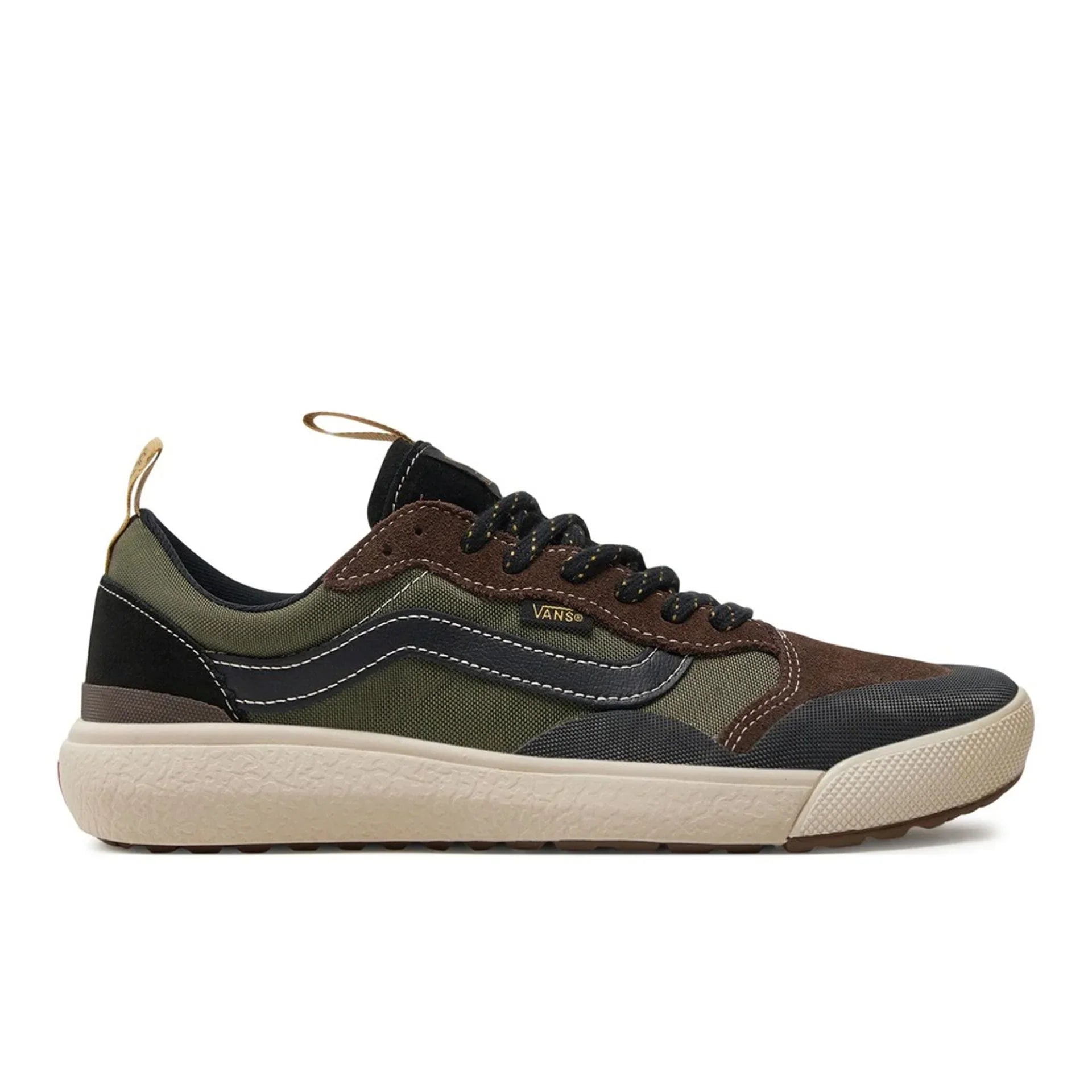Side view of Vans UltraRange men's sneakers in olive, brown, and black with white sole and UltraCush cushioning.