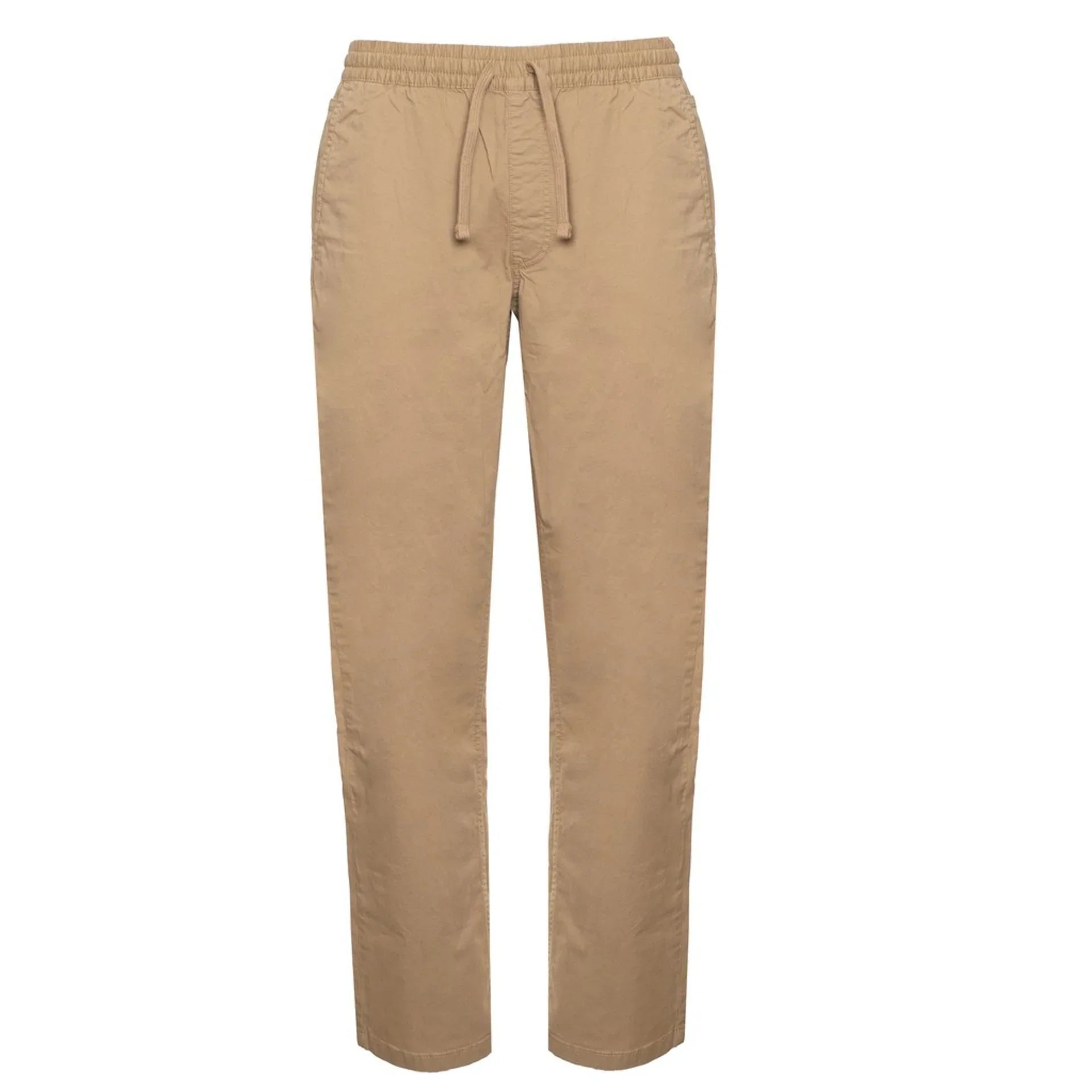 Men's Vans beige pants with elastic waistband, cotton blend fabric, and visible logo detail.