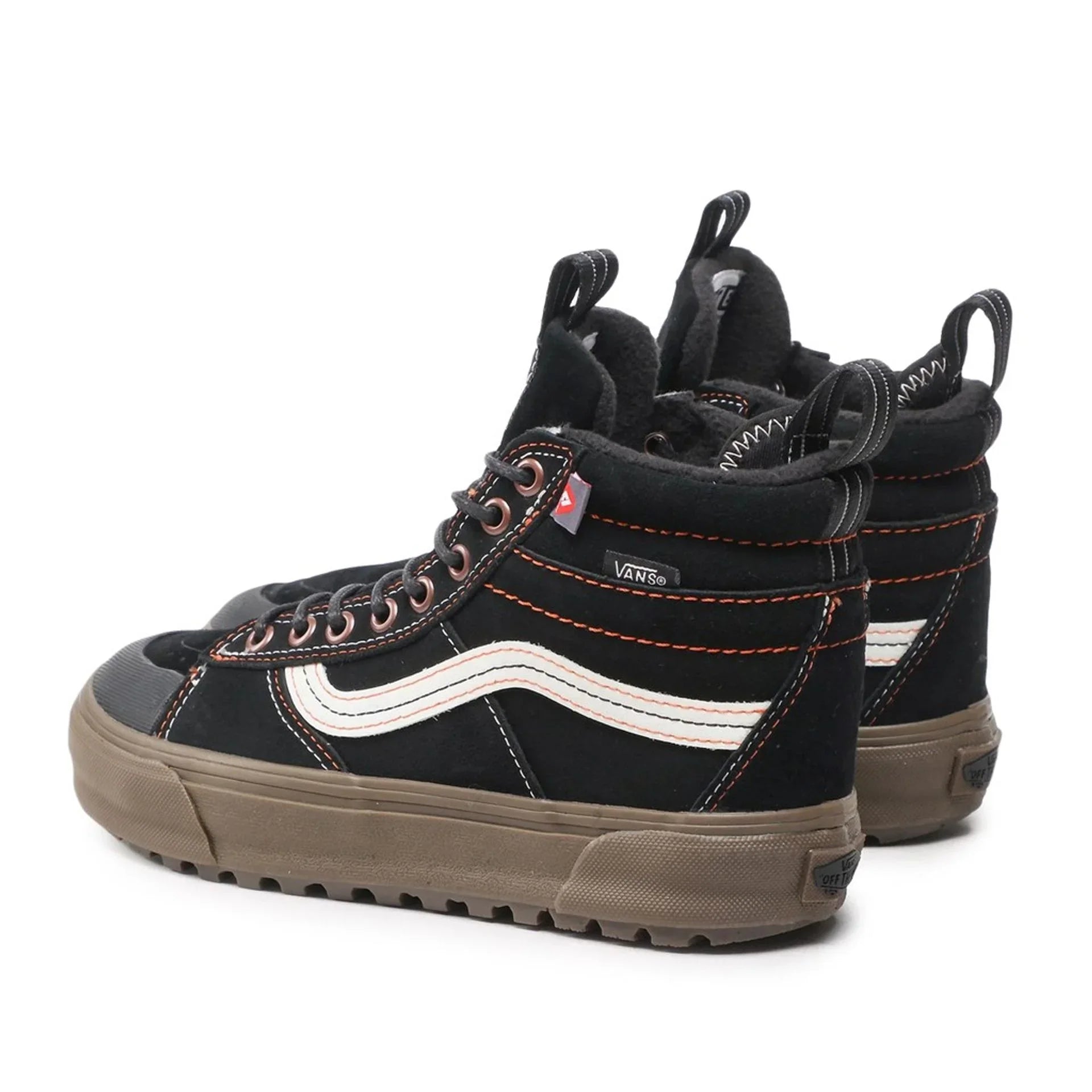 Black Vans unisex high-top sneakers with leather upper, metal eyelets, round toe, fabric lining, and rubber sole.