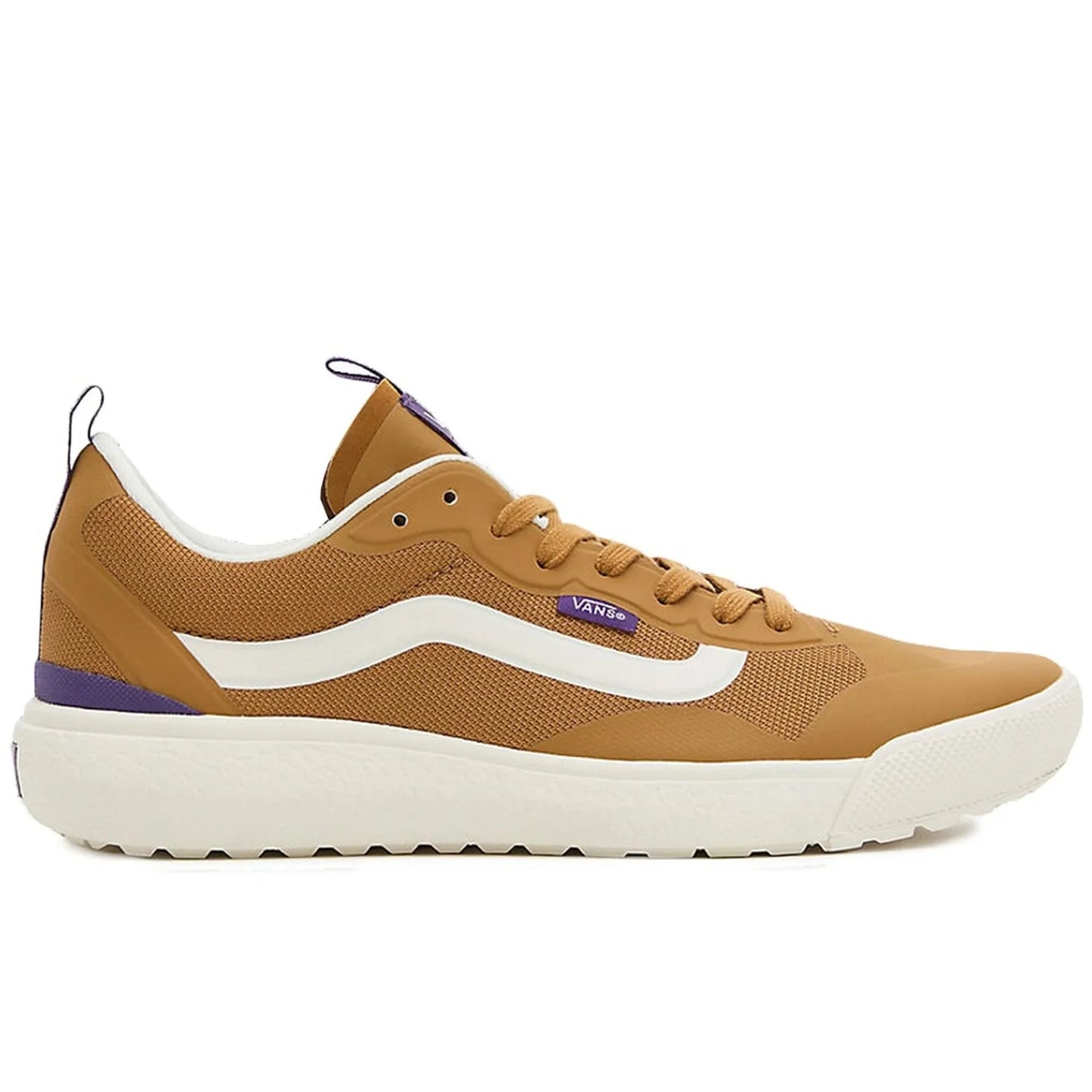 Unisex Vans sneakers in brown with synthetic upper, white rubber sole, rounded toe, and purple branding details.