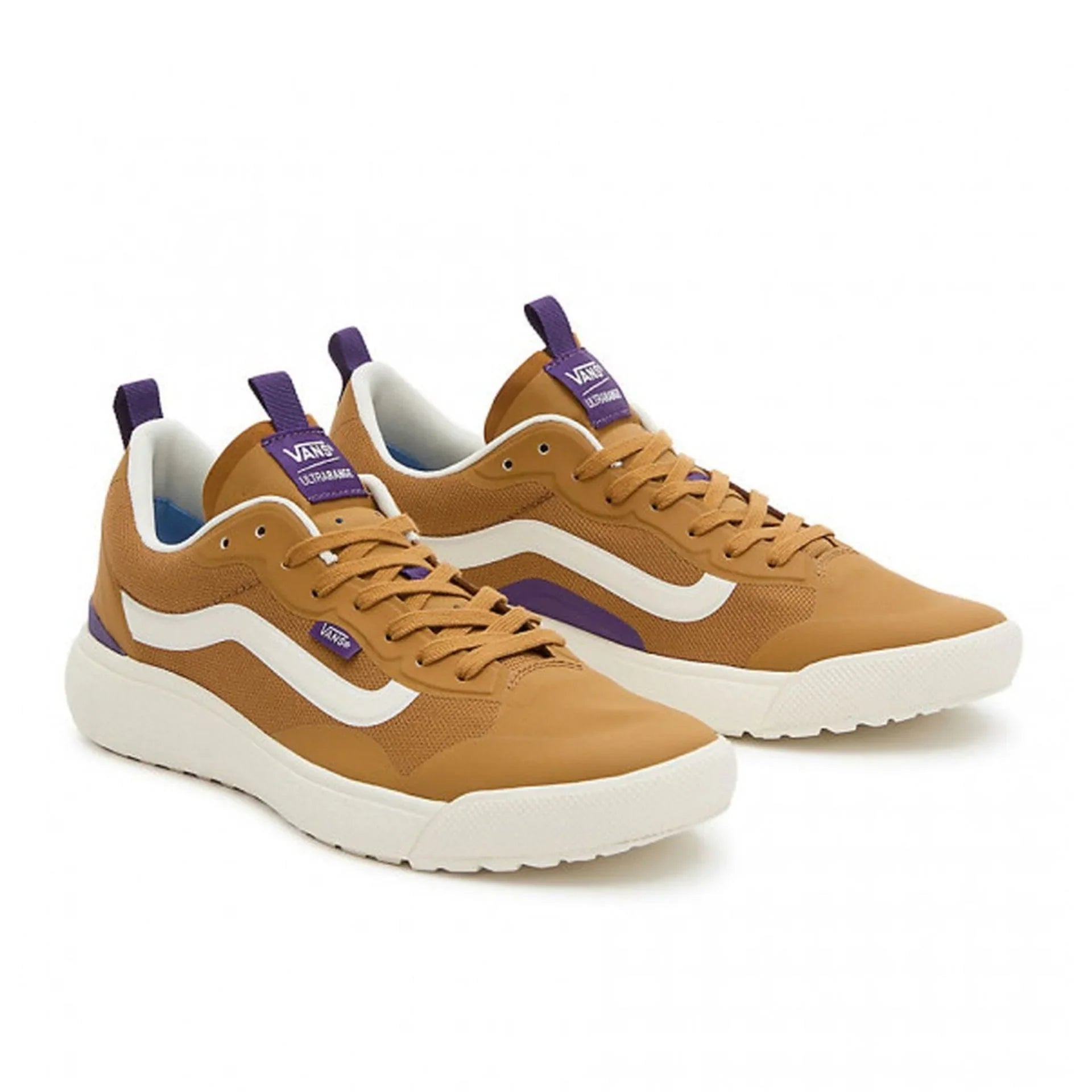 Unisex Vans sneakers with synthetic upper, rubber sole, round toe, tan and purple accents, and white side stripe design.