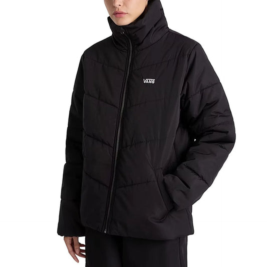 Black Vans women's puffer jacket with zipper closure, long sleeves, and visible logo on polyester material