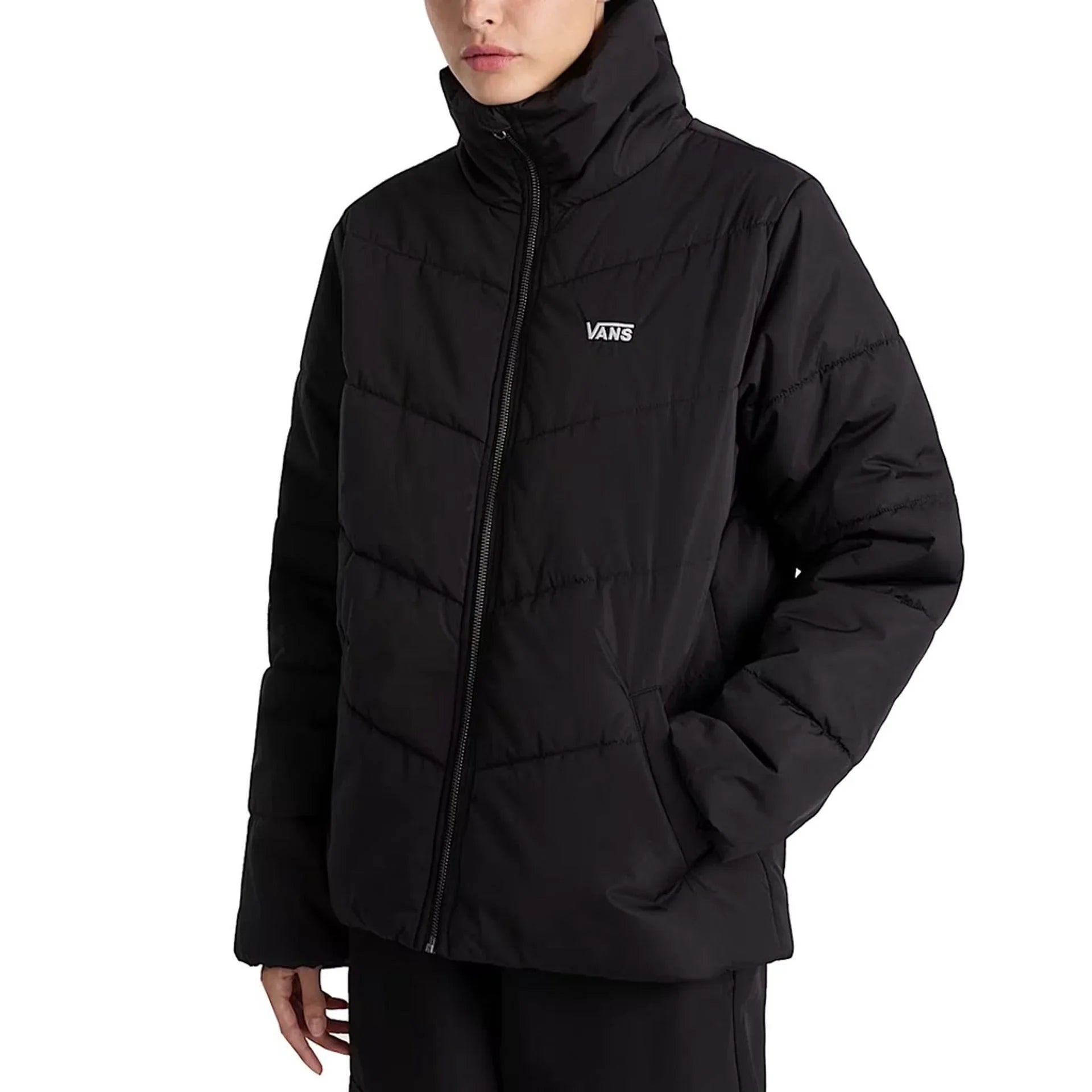 Black Vans women's puffer jacket with zipper closure, long sleeves, and visible logo on polyester material