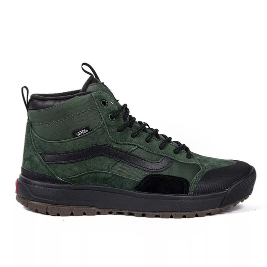 Unisex Vans high-top sneakers in green leather with black rubber sole and round toe design