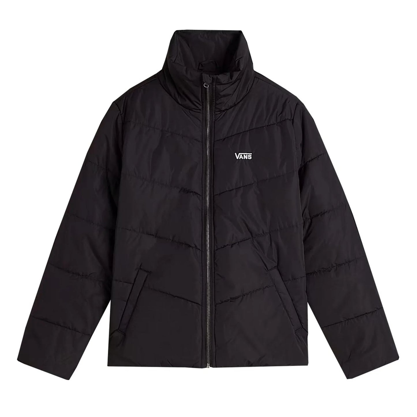 Black Vans women's polyester jacket with long sleeves, front zipper, and visible logo on chest.