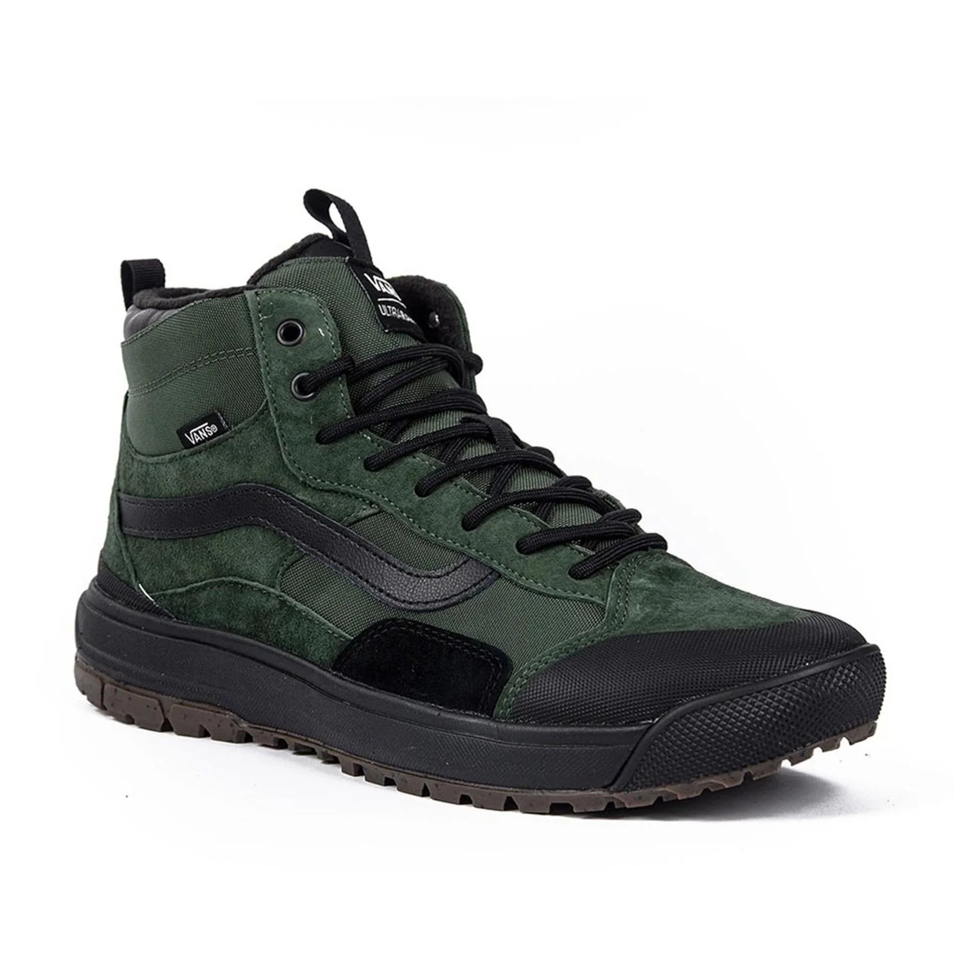 Unisex Vans high-top sneakers in green leather with black rubber sole and round toe detail