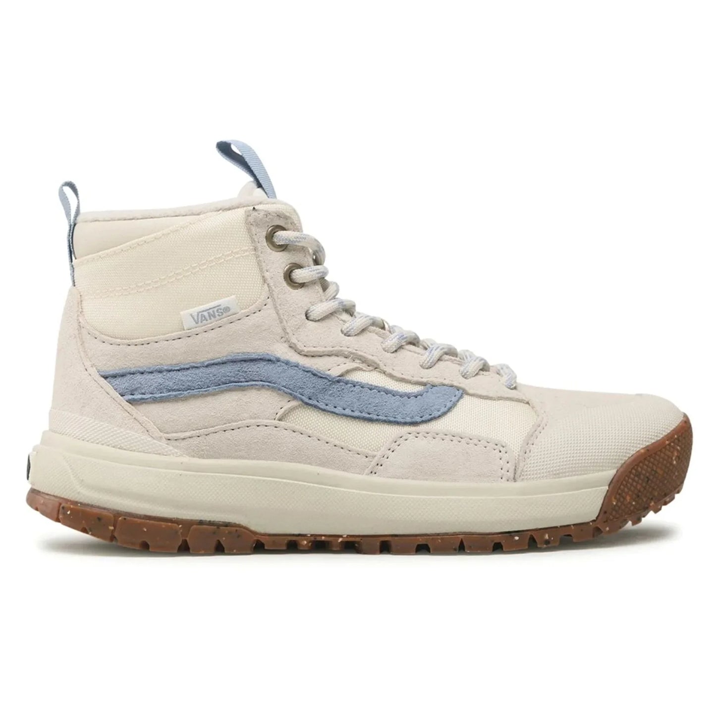 Unisex Vans sneakers with leather upper, fabric lining, rubber sole, and round toe detail in beige and blue colors.