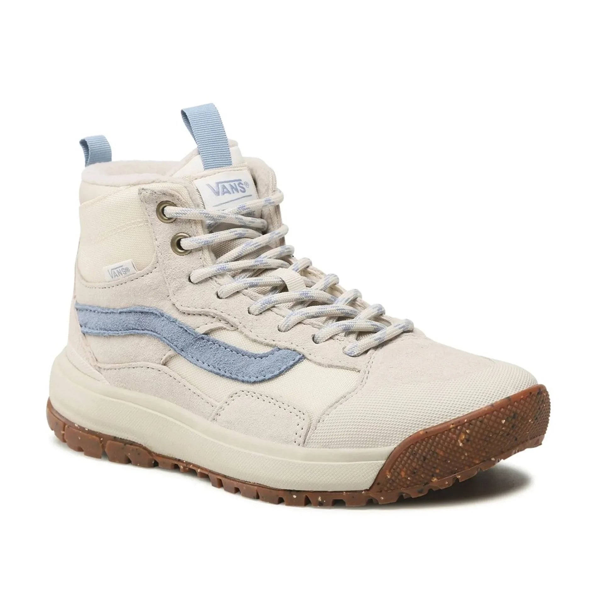 Unisex Vans high-top sneakers with leather upper, fabric lining, rubber sole, and rounded toe in neutral tones with blue accents.