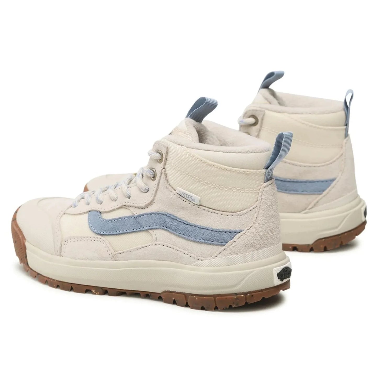 Pair of beige unisex Vans sneakers with leather upper, blue side detail, rubber sole, and round toe design.