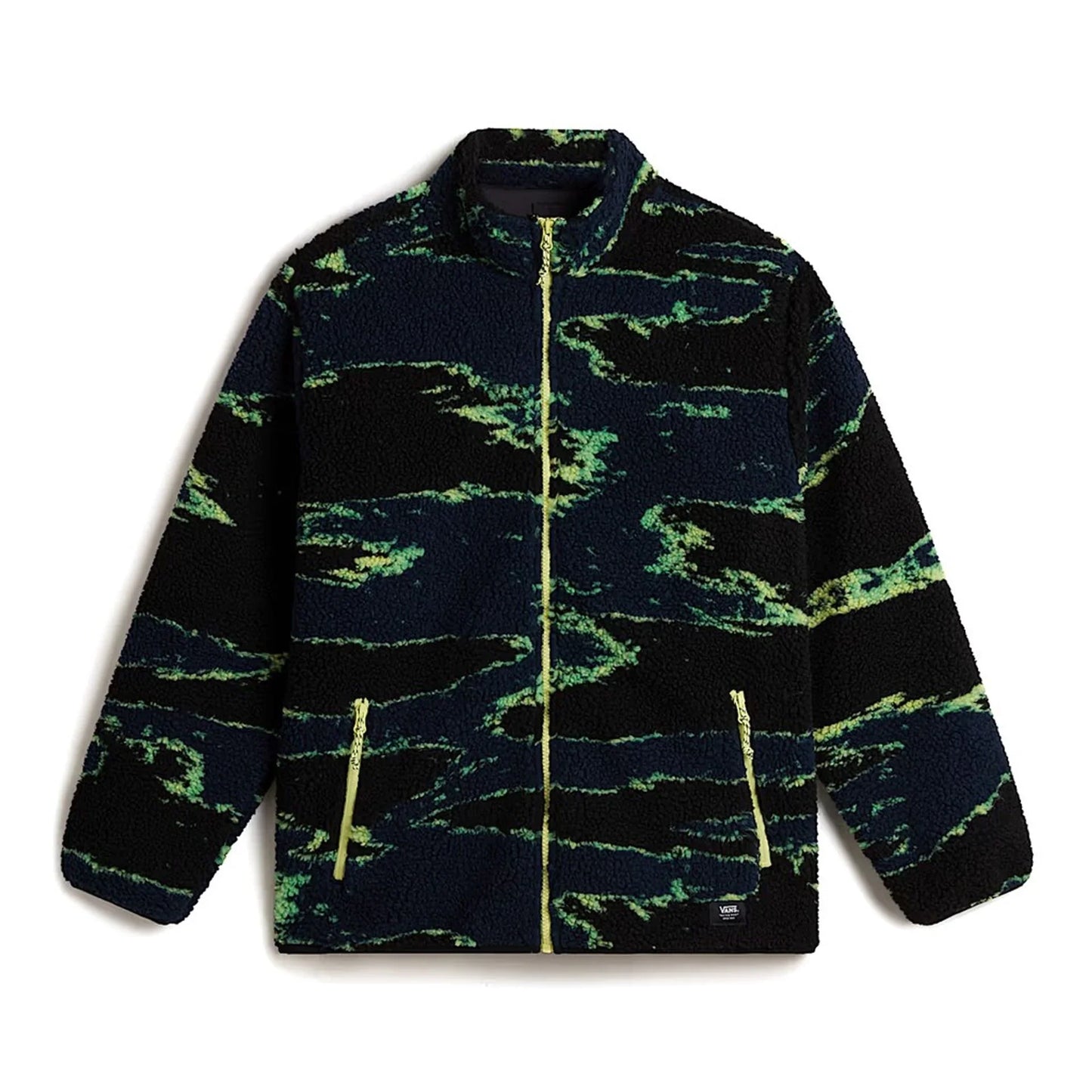 Men's Vans jacket with zipper, long sleeves, two external pockets, fleece fabric with green and black camouflage pattern