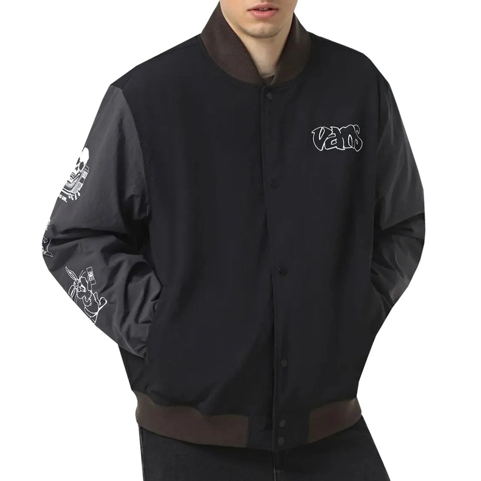 Men's Vans nylon jacket with zipper, long sleeves, logo details, and black contrasting sleeves design