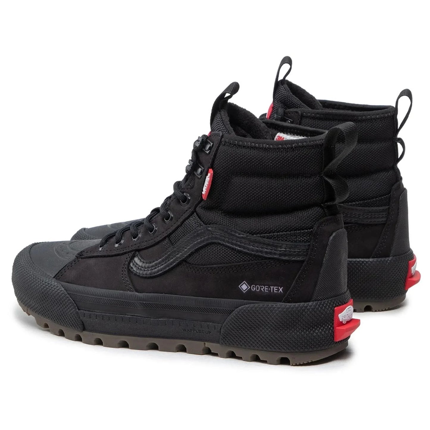 Pair of black Vans unisex sneakers with Gore-Tex, leather upper, rubber sole, and metal eyelets, shown from rear side angle.