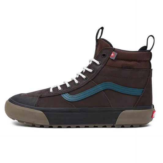 Unisex Vans high-top sneakers with leather upper, metal eyelets, round toe, and blue side stripe detail