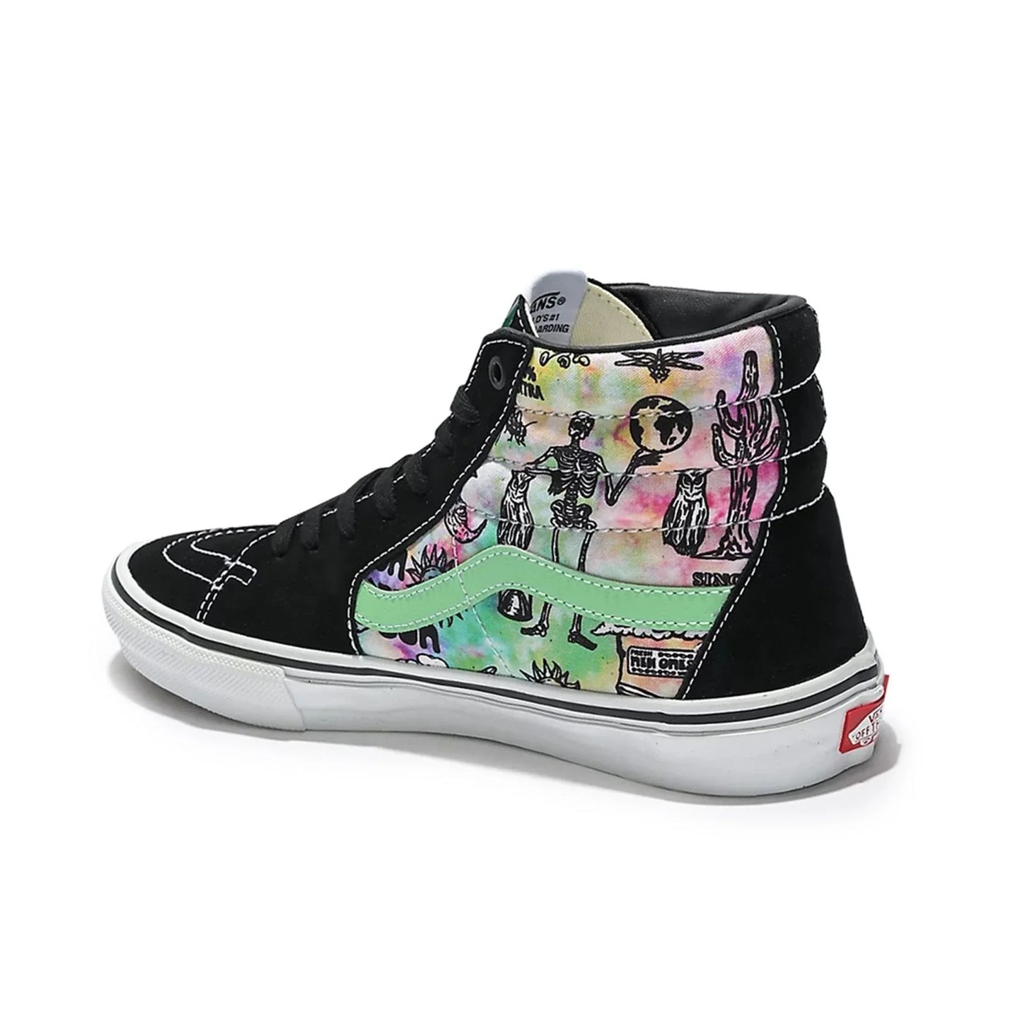 Men's Vans sneakers with black suede, colorful graphic panels, rubber sole, and round toe design.