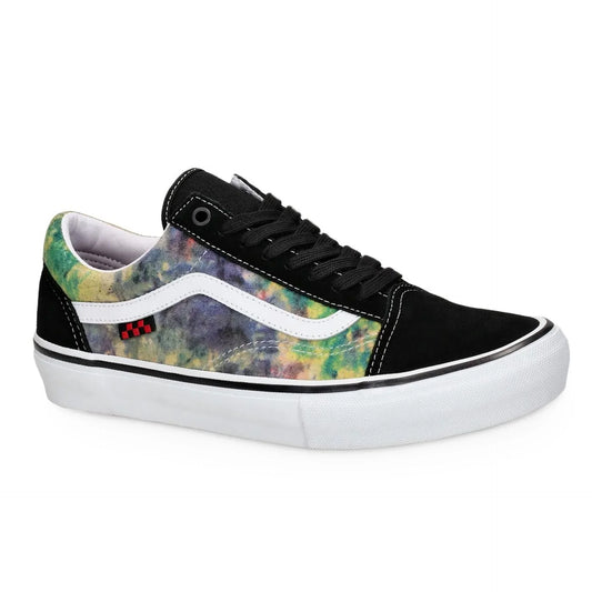 Men's Vans sneakers with rubber leather upper, round toe, multicolor tie-dye pattern, and white rubber sole