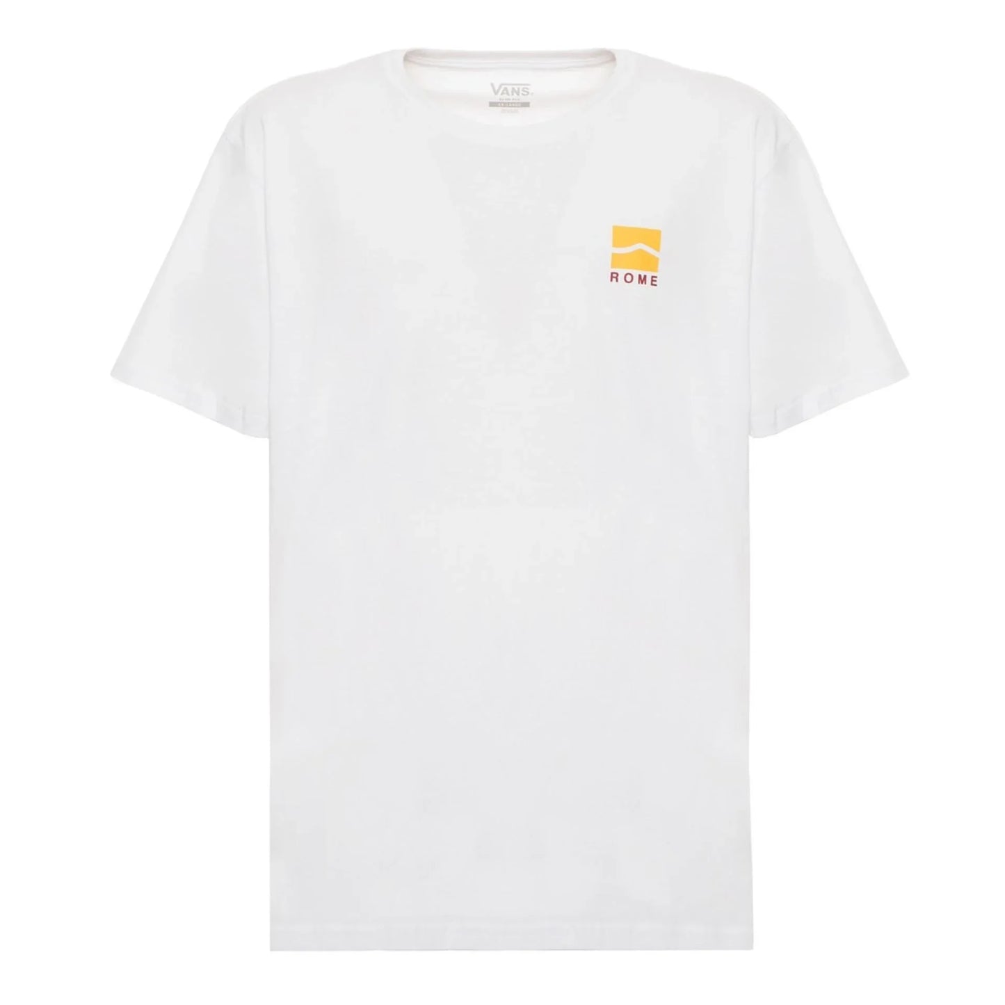 White Vans men's short sleeve cotton t-shirt with small yellow and red Rome logo on chest