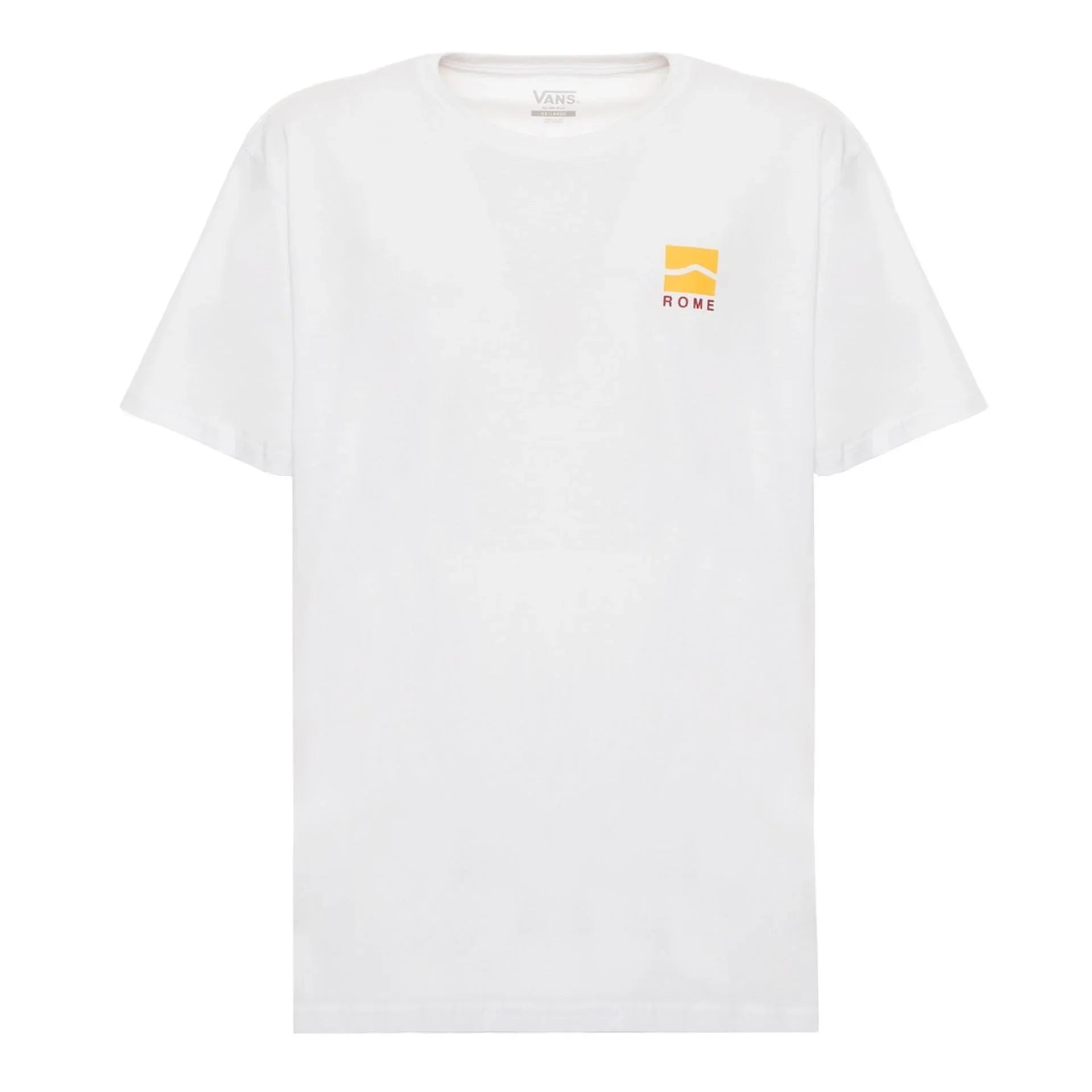 White Vans men's short sleeve cotton t-shirt with small yellow and red Rome logo on chest