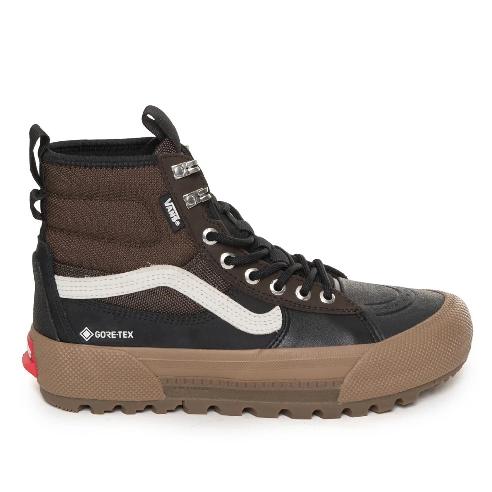 Unisex Vans high-top sneakers with rubber sole, round toe, metal eyelets, and Gore-Tex waterproof material in brown and black