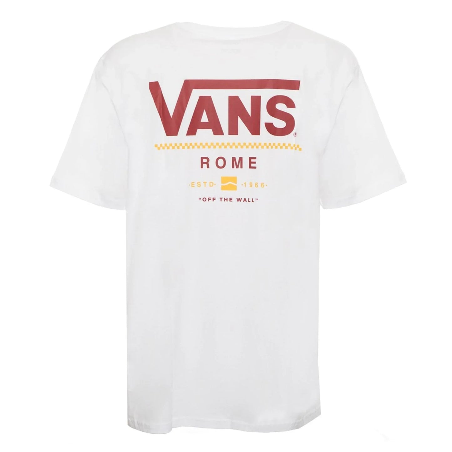 White Vans men's t-shirt with short sleeves, 100% cotton, featuring a red and yellow logo design on the back.