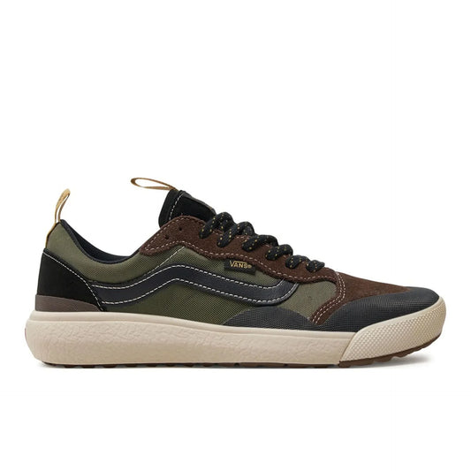 Side view of Vans UltraRange men's sneakers in olive, brown, and black with white sole and UltraCush cushioning.