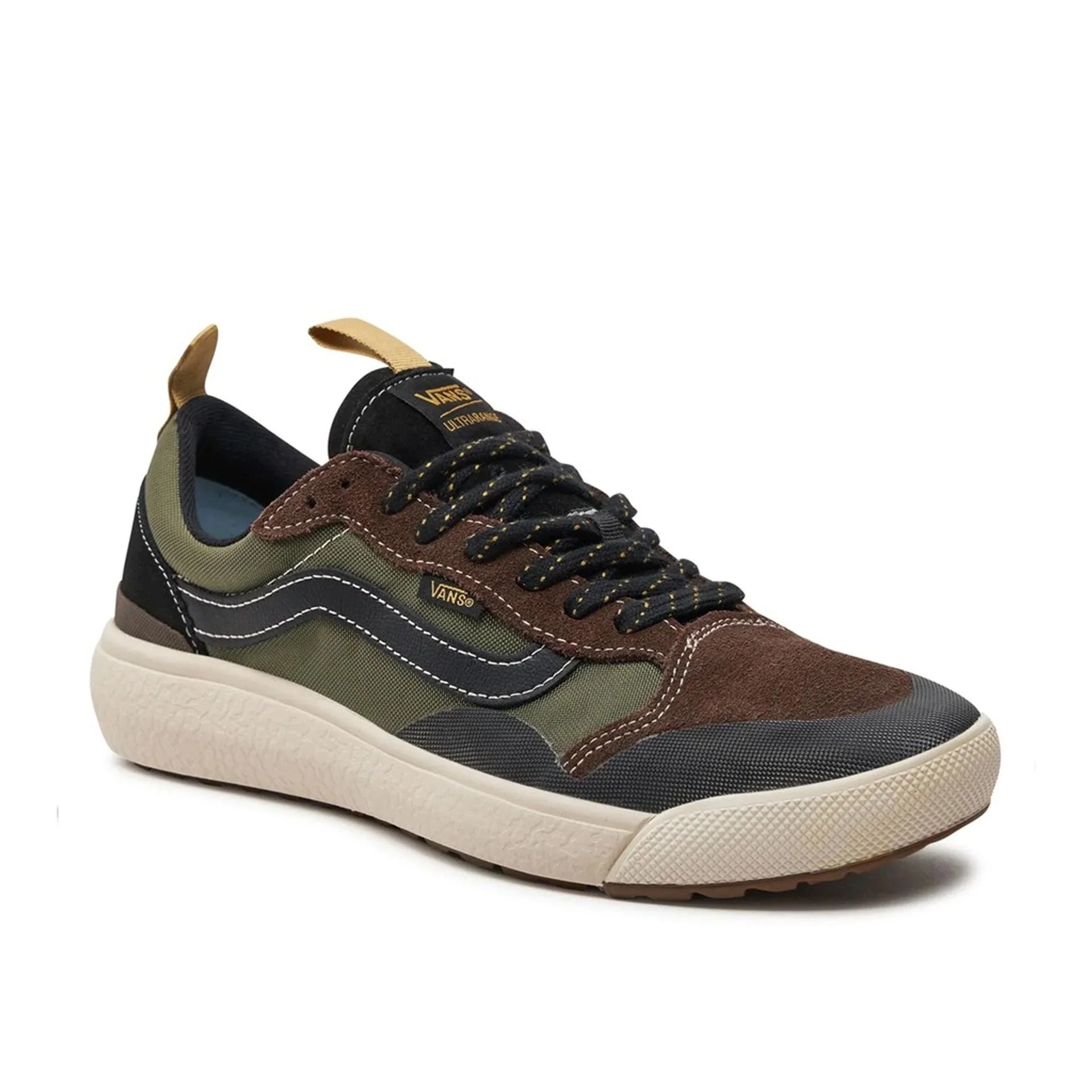 Men's Vans UltraRange sneaker with brown suede, green synthetic upper, and white UltraCush sole for comfort and durability