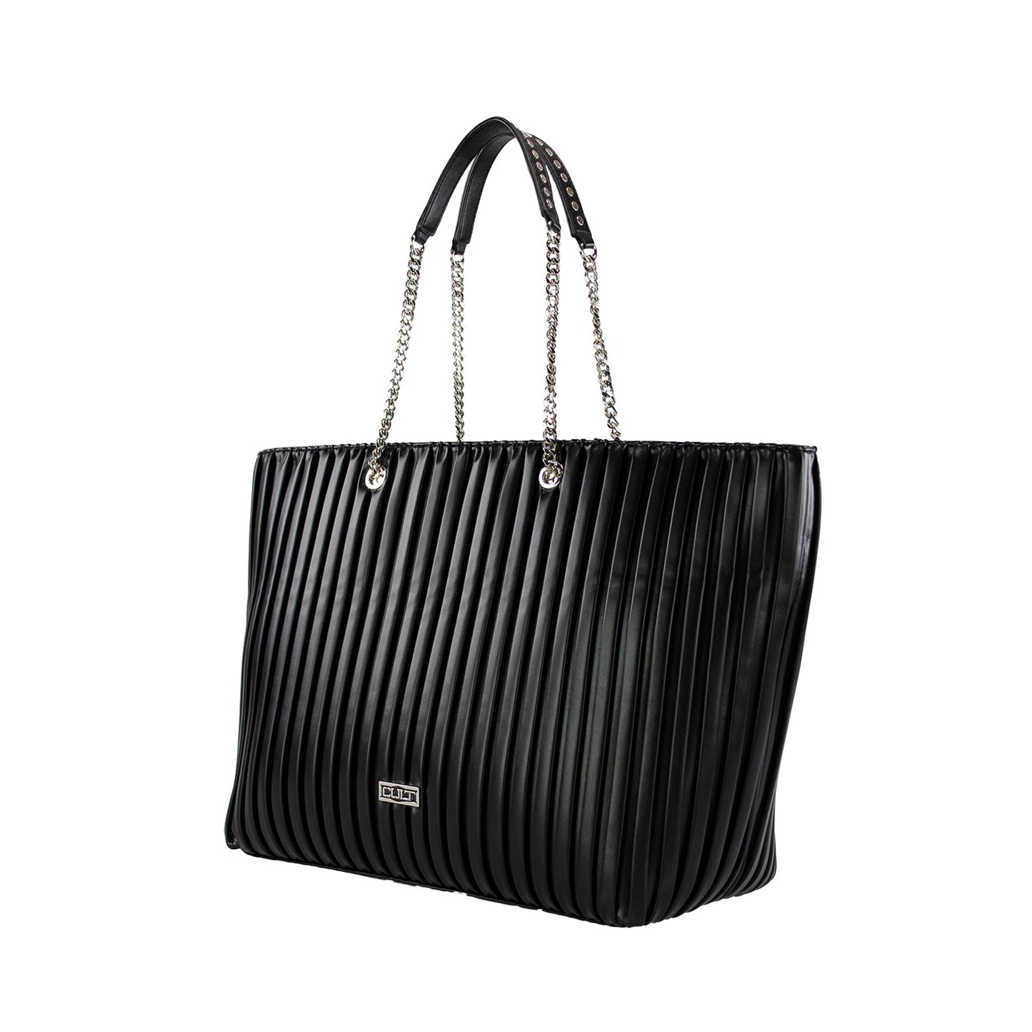 Shoping bag Cult. Color negro y con emblema de la marca. Asas terminadas con cadenas. Relieve en el acabado y material simil al cuero.