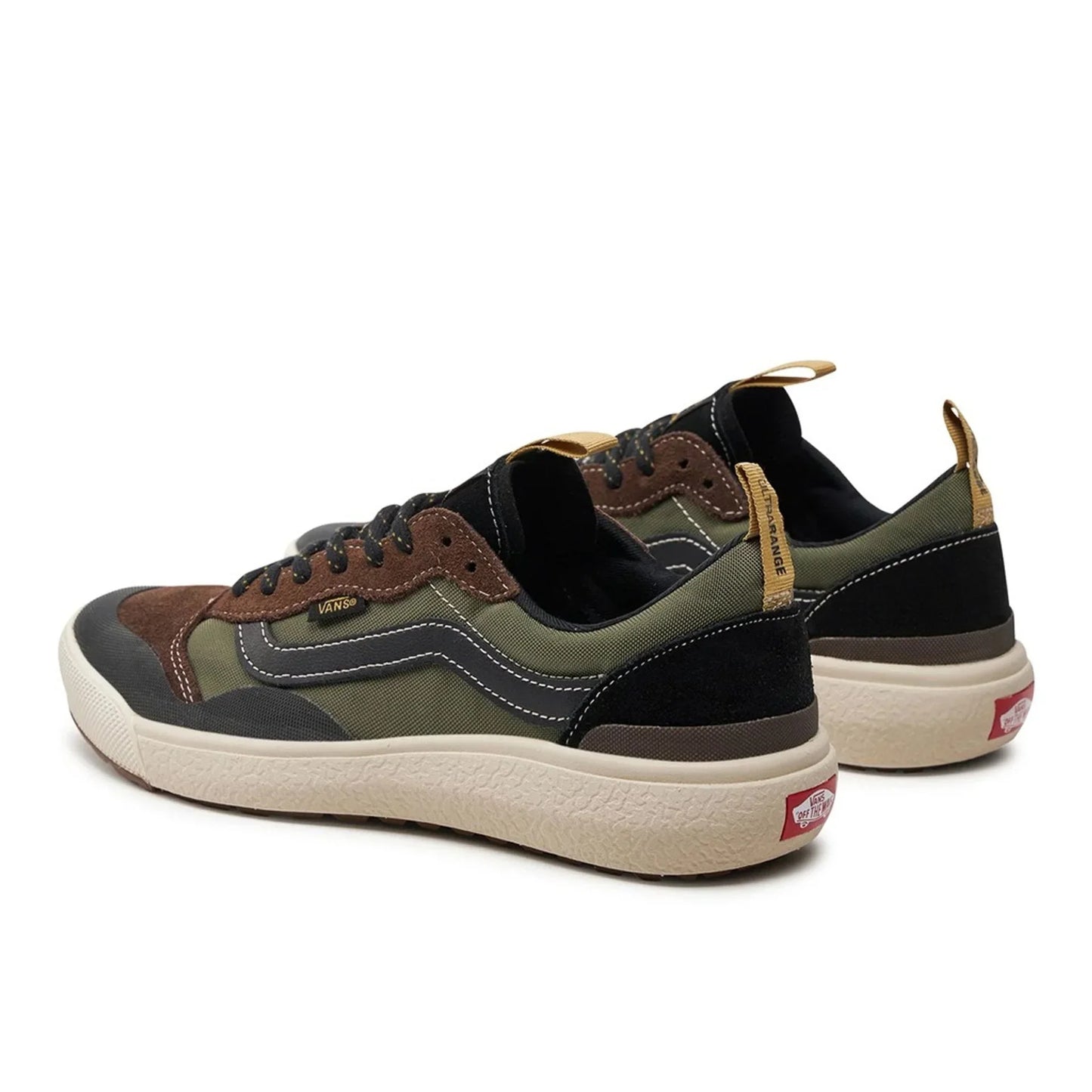 Pair of Vans UltraRange men's sneakers in green and brown with UltraCush sole and breathable synthetic upper
