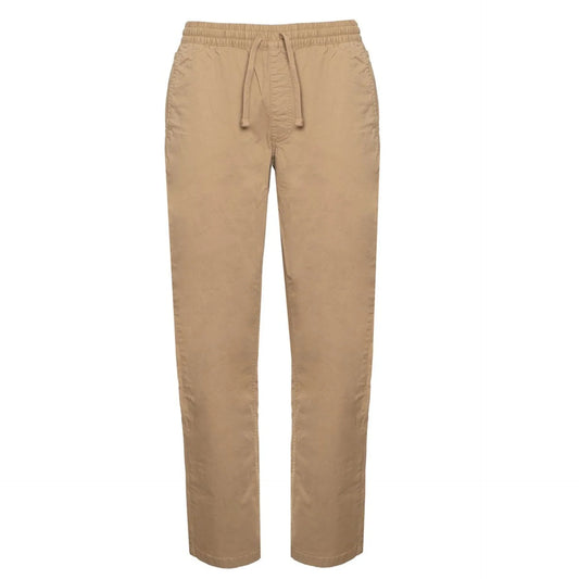 Men's Vans beige pants with elastic waistband, cotton blend fabric, and visible logo detail.