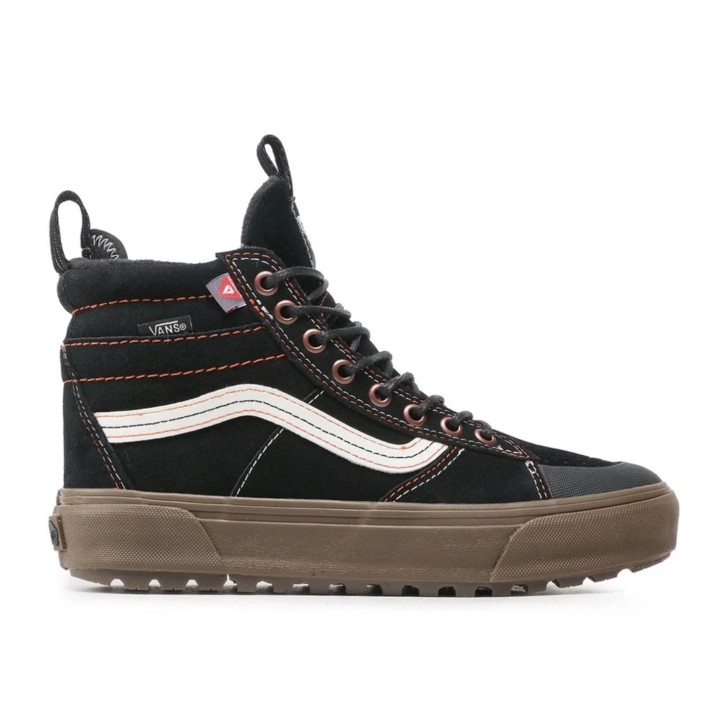 Black unisex Vans high-top sneakers with leather upper, metal eyelets, round toe, and durable rubber sole.
