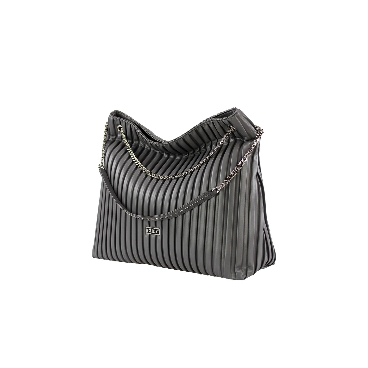 Bolso shopper negro Cult. Modelo X3EPWX080022. Estilo elegante con acabados de cadenas y relieves acabados en simil cuero.